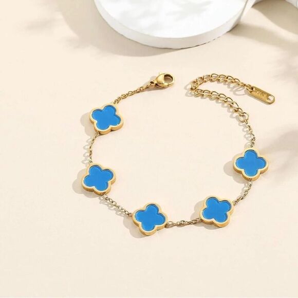 18K Gold Plated Clover Four Leaf Blue Bracelet - Picture 8 of 8